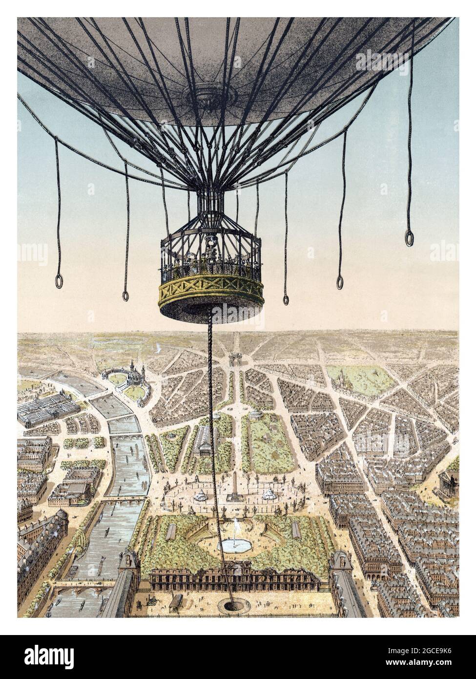 Francia. Pubblicità / poster. Panorama de Paris - Vu de la nacelle du Grand ballon captif à vapeur de la cour des Tuileries. fiera mondiale del 1878. Foto Stock