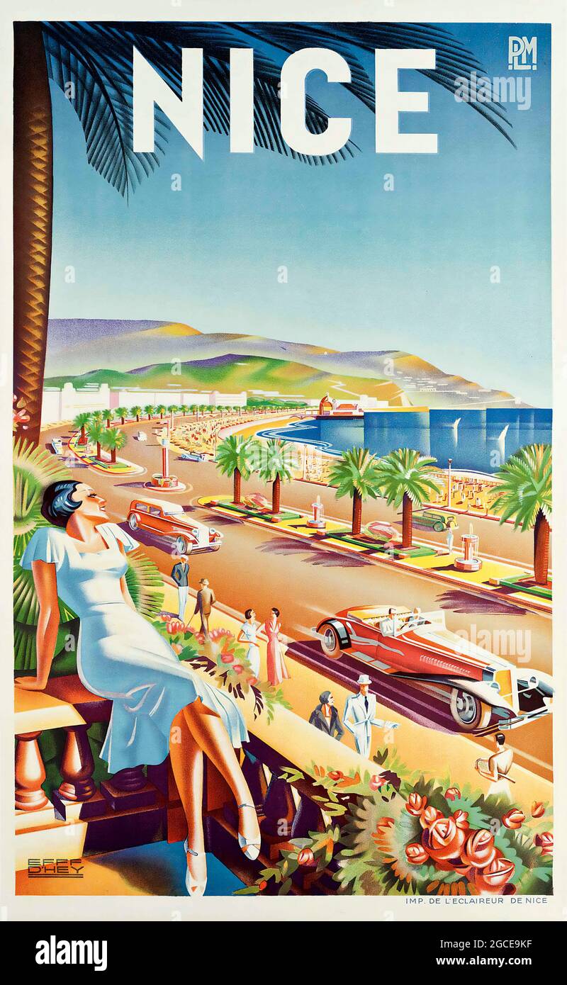 BEL poster – PLM Railway. Artista: D'Hey. Poster per Nizza, Costa Azzurra Sud della Francia. 1947. Una donna al sole. Un'auto meravigliosa sulla strada. Foto Stock