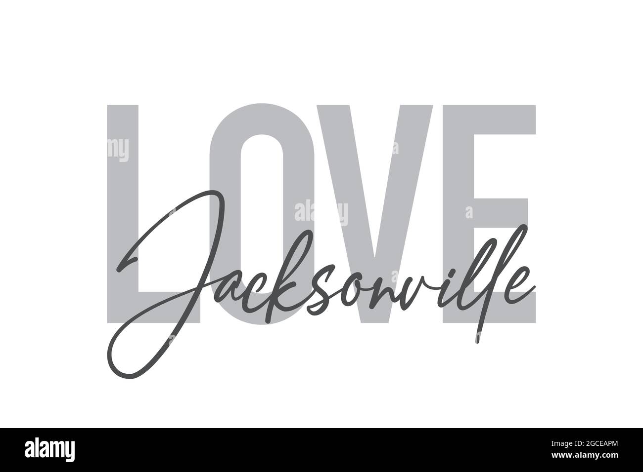 Design tipografico moderno, semplice e minimale di un detto 'Love Jacksonville' in toni di grigio. Grafica vettoriale cool, urbana, trendy e giocosa Foto Stock