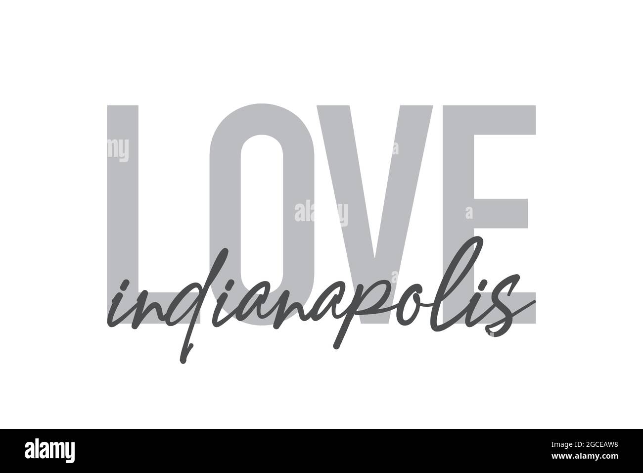 Design tipografico moderno, semplice e minimale di un detto 'Love Indianapolis' in tonalità di grigio. Grafica vettoriale cool, urbana, trendy e giocosa Foto Stock