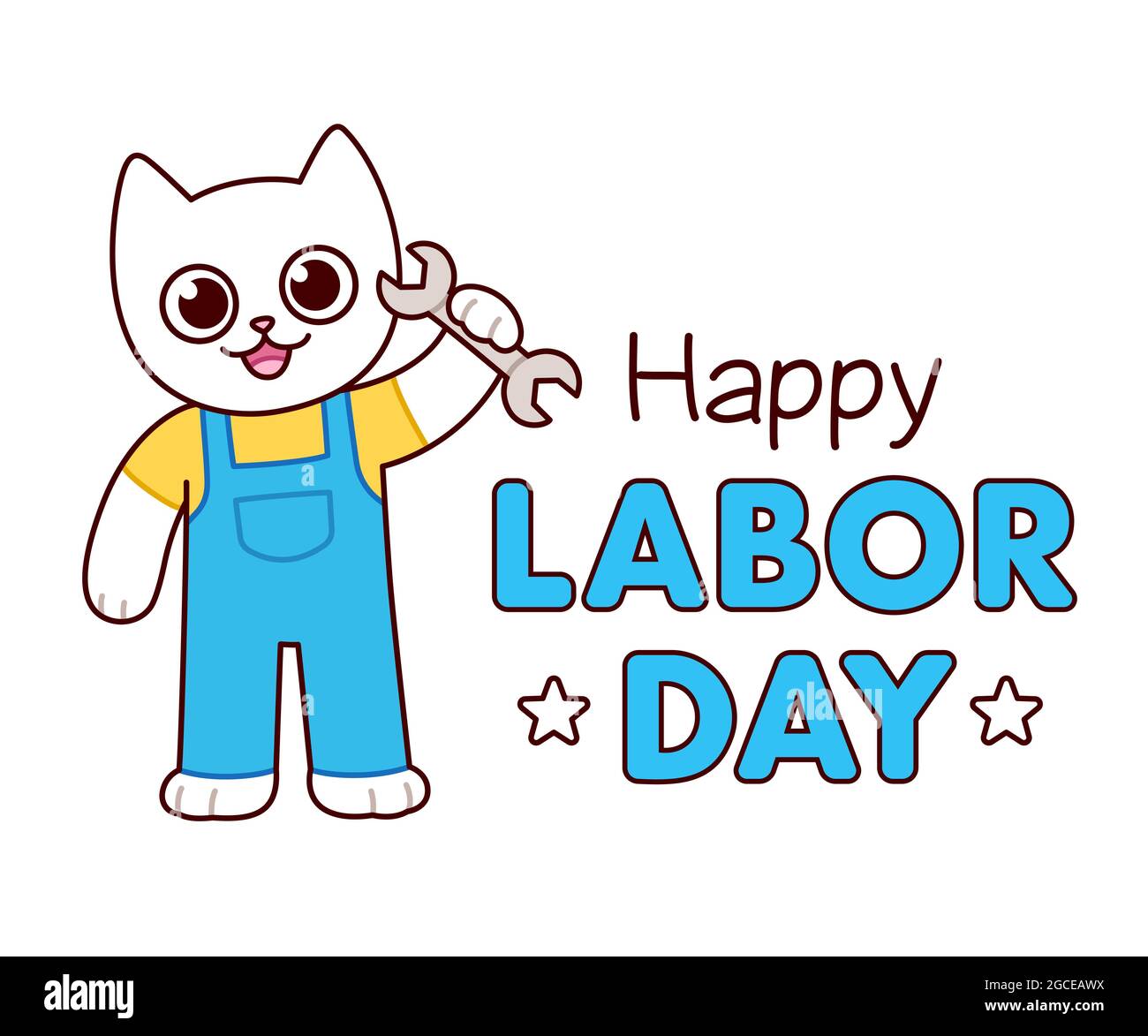 Happy Labor Day, simpatico strumento di fissaggio per disegno di gatti cartoni animati. Personaggio lavoratore divertente. Immagine vettoriale clip art. Illustrazione Vettoriale