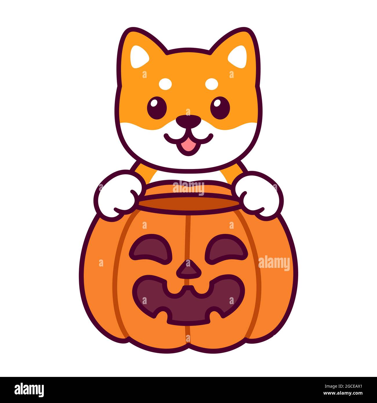 Trucco o trucco. Carino cartone animato Shiba Inu con zucca di Halloween. Disegno del cane Kawaii, illustrazione vettoriale divertente. Illustrazione Vettoriale