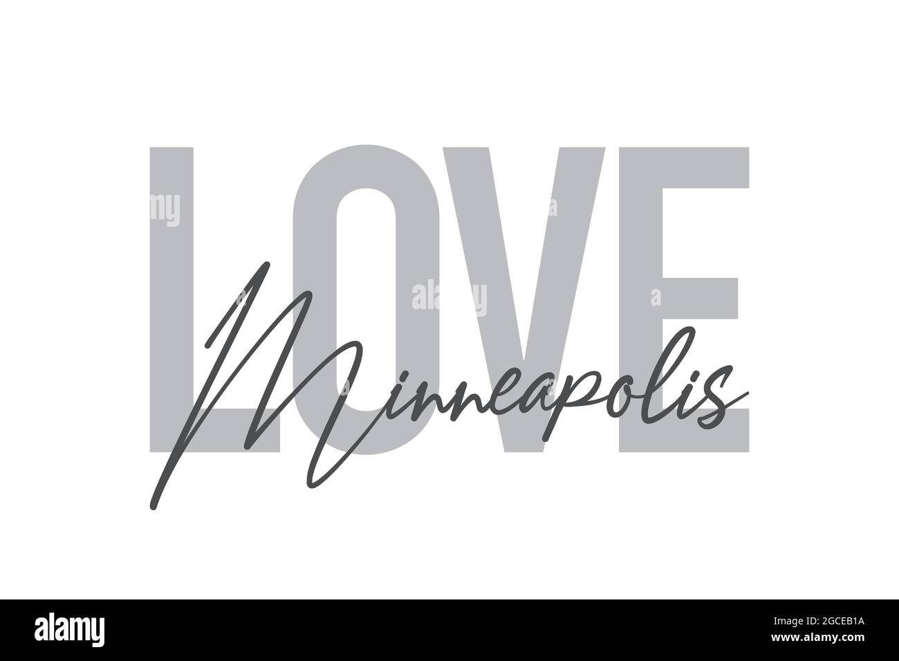 Design tipografico moderno, semplice e minimale di un detto 'Love Minneapolis' in tonalità di grigio. Grafica vettoriale cool, urbana, trendy e giocosa w Foto Stock