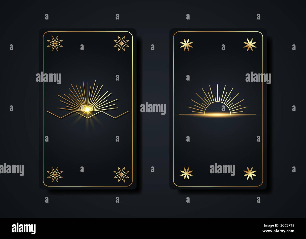 Set carte tarocchi magiche, oro magico stile Sun boho, segno geometria sacro, simboli spirituali esoterici, Flower of Life. Seme di lusso di fiori di vita Illustrazione Vettoriale