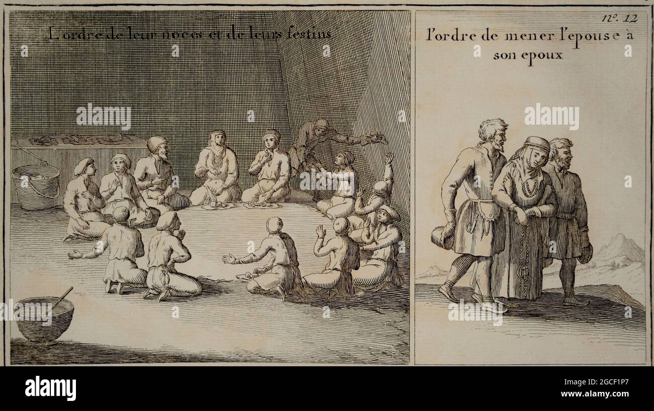 Un'immagine iniziale di un pasto festivo dei Lapponi nativi e di una cerimonia di matrimonio. Un'immagine originale della lastra di rame del 1714 di Henri Chatelain. Lapponia, EUR Foto Stock