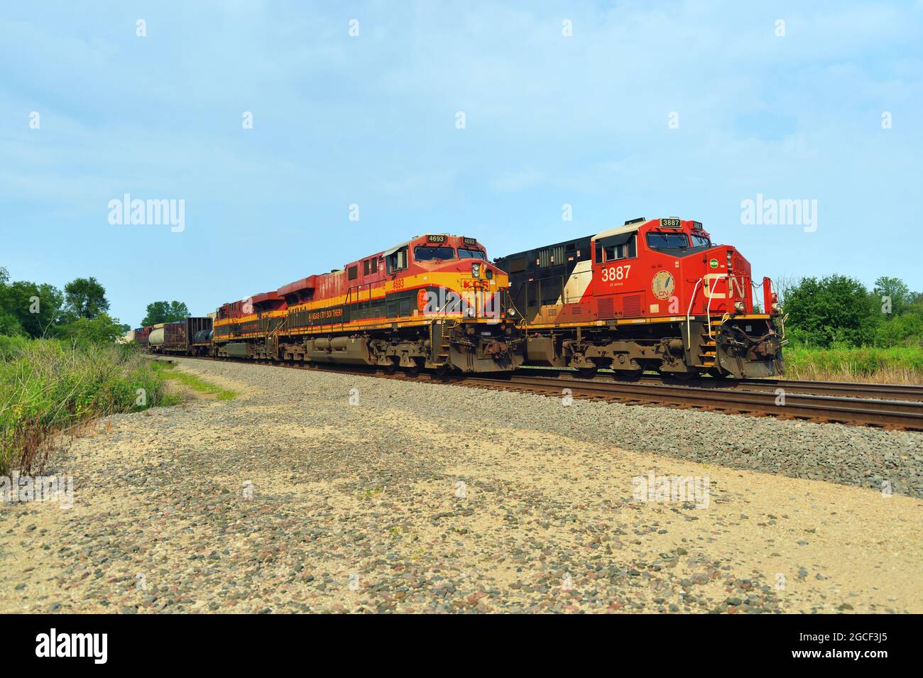 Hoffman Estates, Illinois, Stati Uniti. Due treni merci si incontrano ad un vessolo di passaggio. Foto Stock