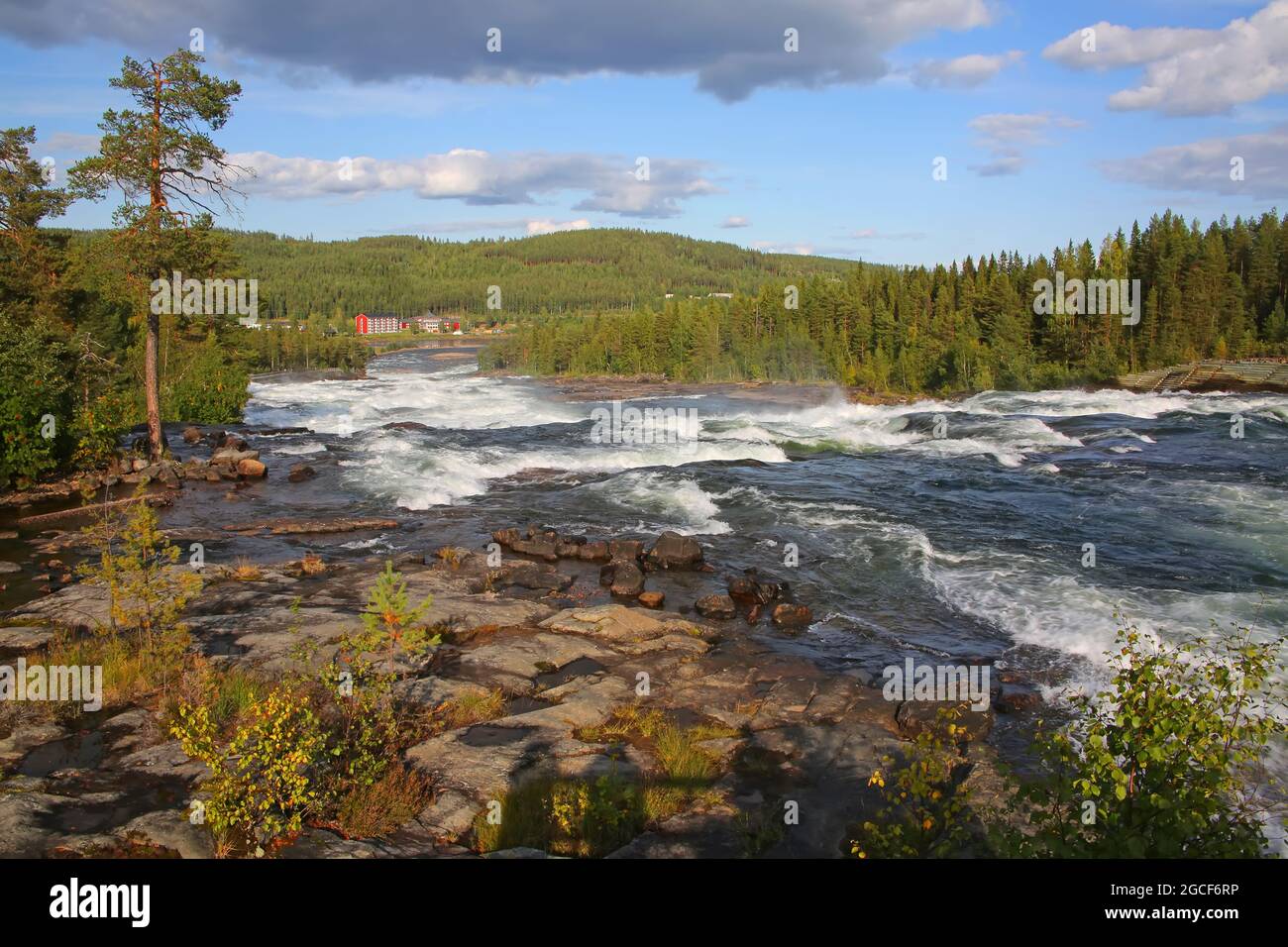 Storforsen è una cascata sul fiume Pite nella svedese Norrbottens Län si trova a circa 38 km a nord-ovest di Älvsbyn. Vicino a Lulea, Svezia. Foto Stock