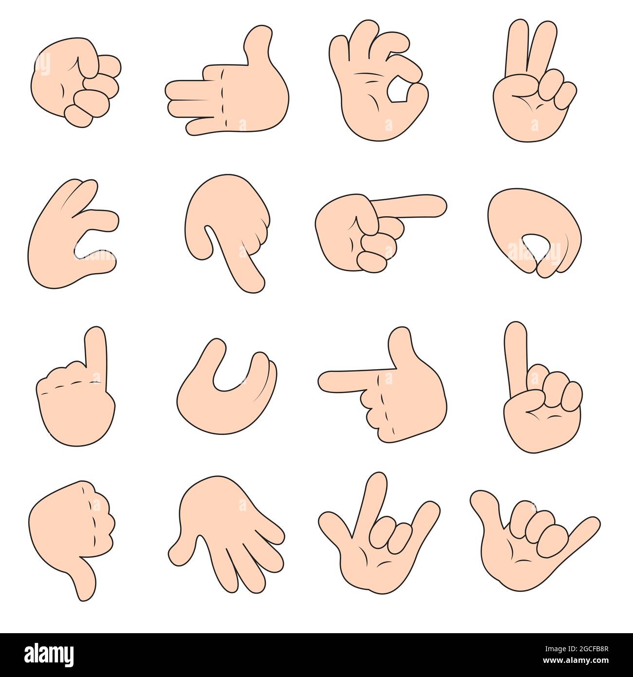Le mani dei cartoni animati si impostano in diversi gesti. Le mani mostrano i segni. Diverse posizioni delle mani, isolate su sfondo bianco. Set di icone per illustrazione vettoriale. Illustrazione Vettoriale
