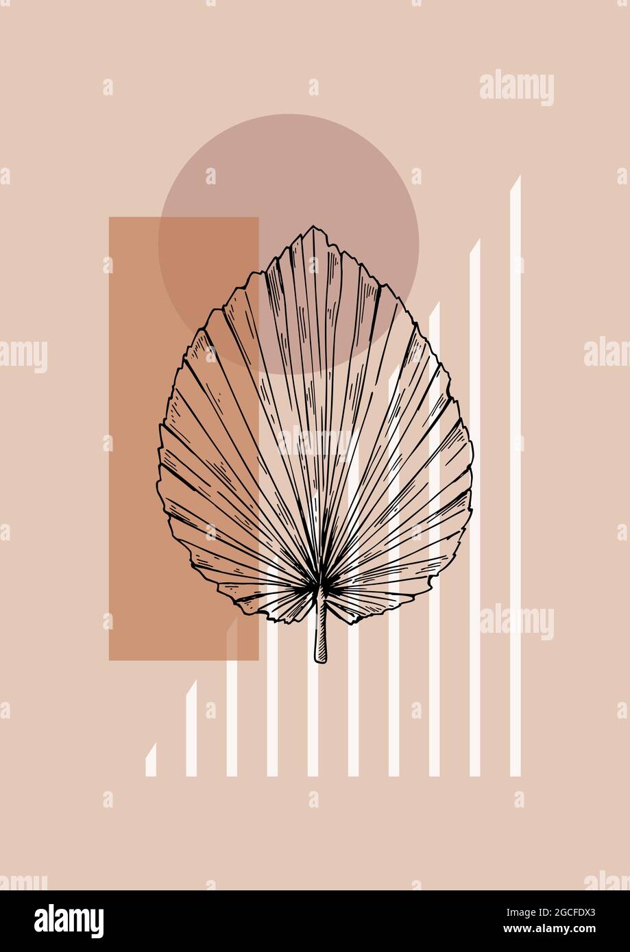 Poster moderno e contemporaneo con forme geometriche ed elementi in pianta disegnati a mano. Design per poster, cartoncino, copertina, stampa Illustrazione Vettoriale