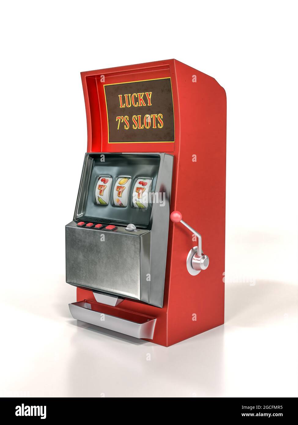 rendering 3d della slot machine rossa con fortunati 777 numeri su sfondo bianco Foto Stock