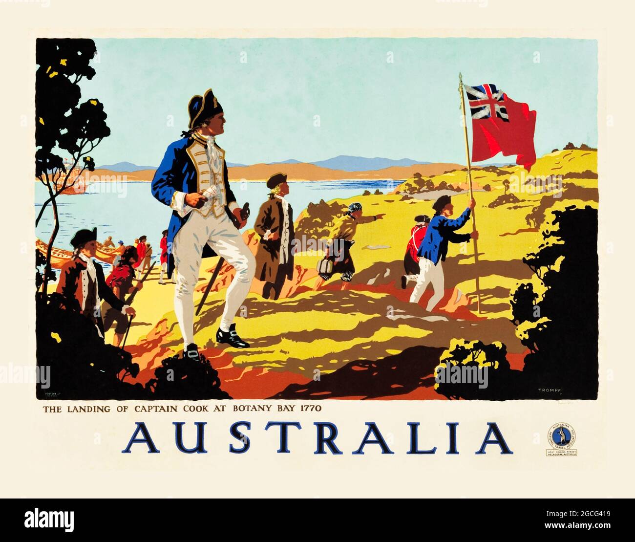 Australia Travel Poster (Australian National Travel Association, 1930). "Lo sbarco del Capitano Cook a Botany Bay, 1770." Foto Stock
