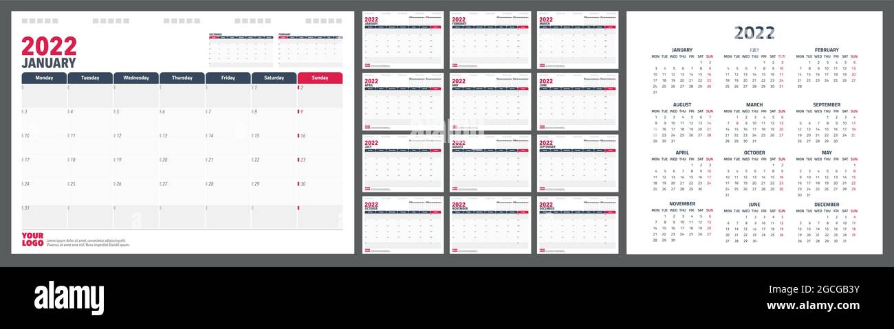 Pianificatore di calendario 2022. Inizio settimana lunedì modello di pianificazione del design aziendale. Illustrazione Vettoriale