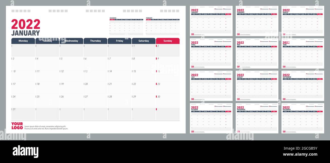 Pianificatore di calendario 2022. Inizio settimana Domenica modello di pianificazione del design aziendale. Illustrazione Vettoriale