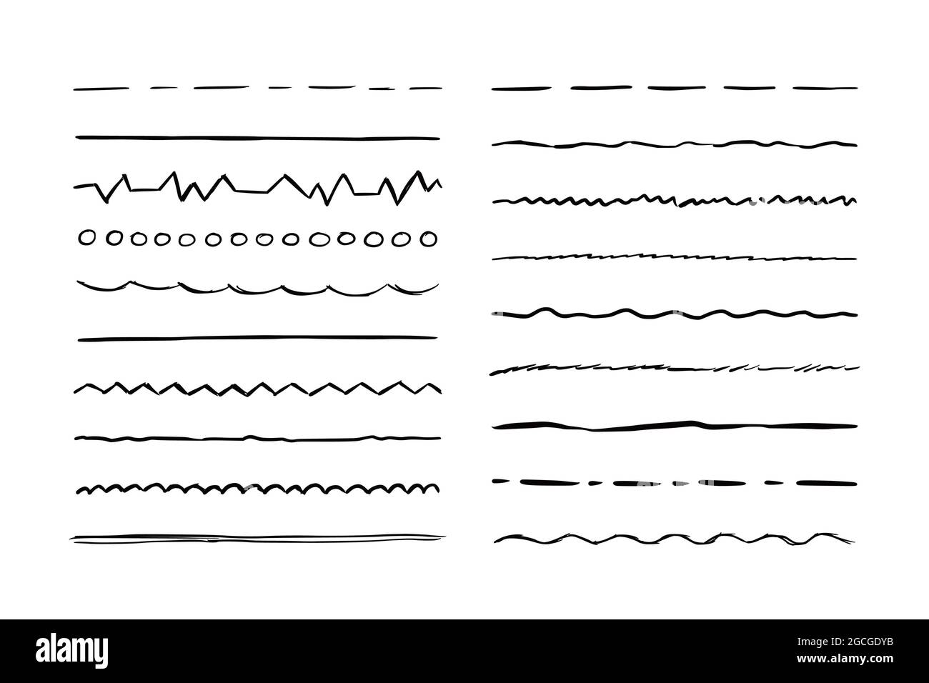 Set di linee tracciate a mano. Tracciare lo stile del tratto a matita. Onda orizzontale e linea di doodle a zigzag. Illustrazione vettoriale per bordo, cornice. Illustrazione Vettoriale