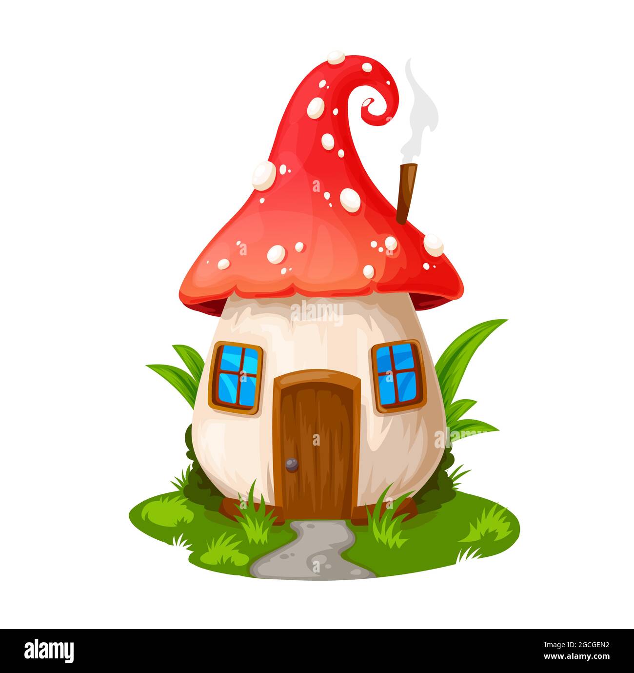 Fata casa di funghi, gnome dimora. Vector Fly edificio cartoon agarico, fairytale casa elf con porta in legno, finestre e tubo di vapore sul tetto. ISOL Illustrazione Vettoriale