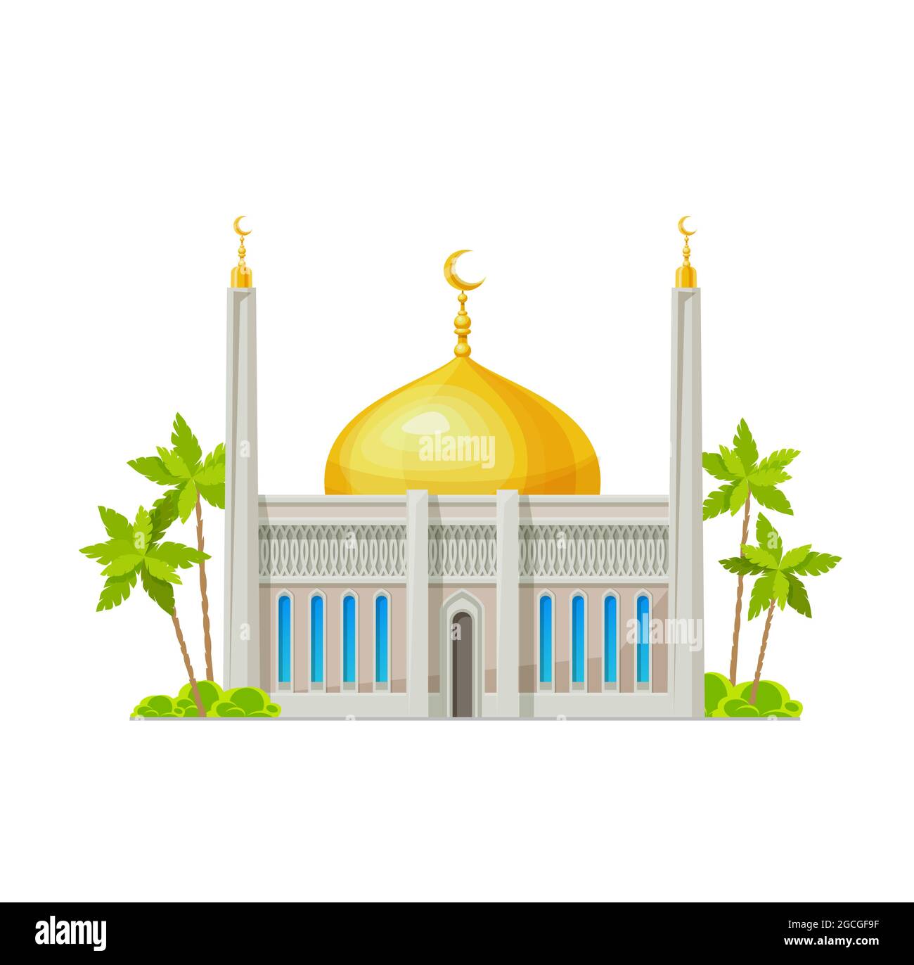 Icona della moschea musulmana. Islam religione tempio, cultura araba architettura cartoon vettore edificio vista esterna con mezzeloni su minareto Illustrazione Vettoriale