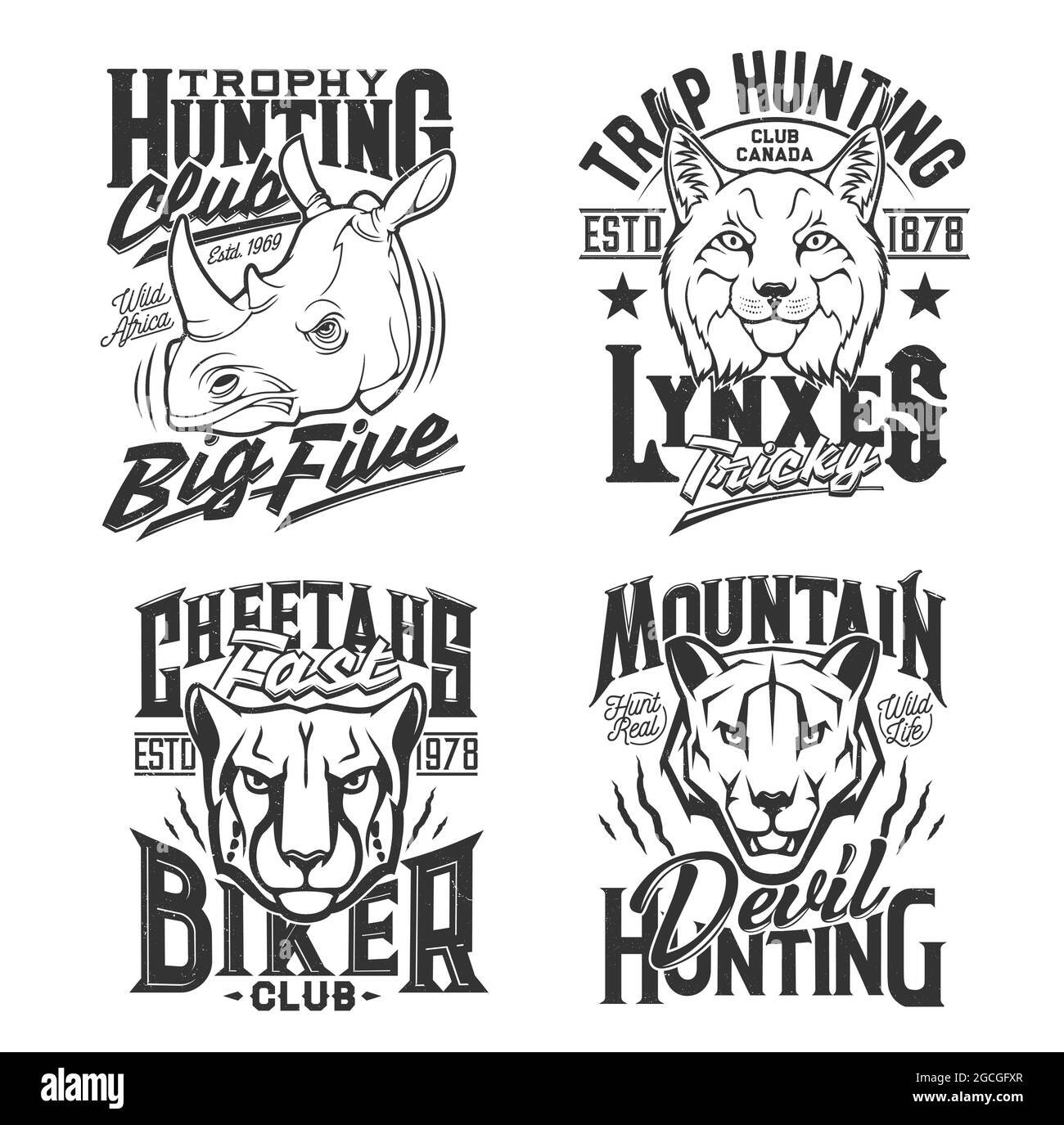 TShirt stampa con ghepardo, cougar puma, rinoceronte, leone di montagna e teste di lince. Mascotte vettoriali per la caccia e il design di abbigliamento da club biker. Emblema della T-shirt Illustrazione Vettoriale