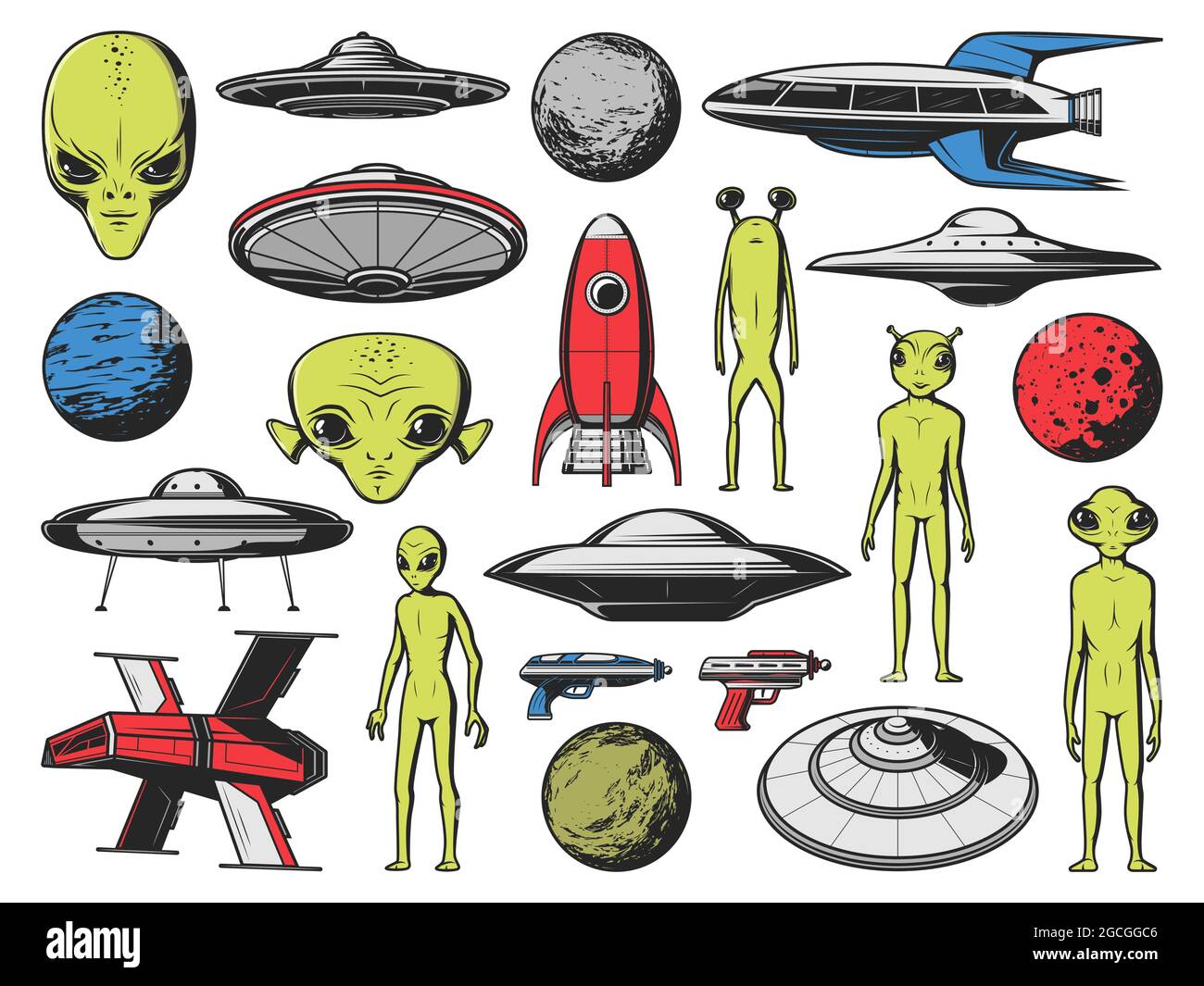 UFO, alieni spaziali e pianeti. Vettore alieni umanoidi, creature extraterrestre con pelle verde e grandi occhi, veicolo spaziale fantasia, ro futuristico Illustrazione Vettoriale