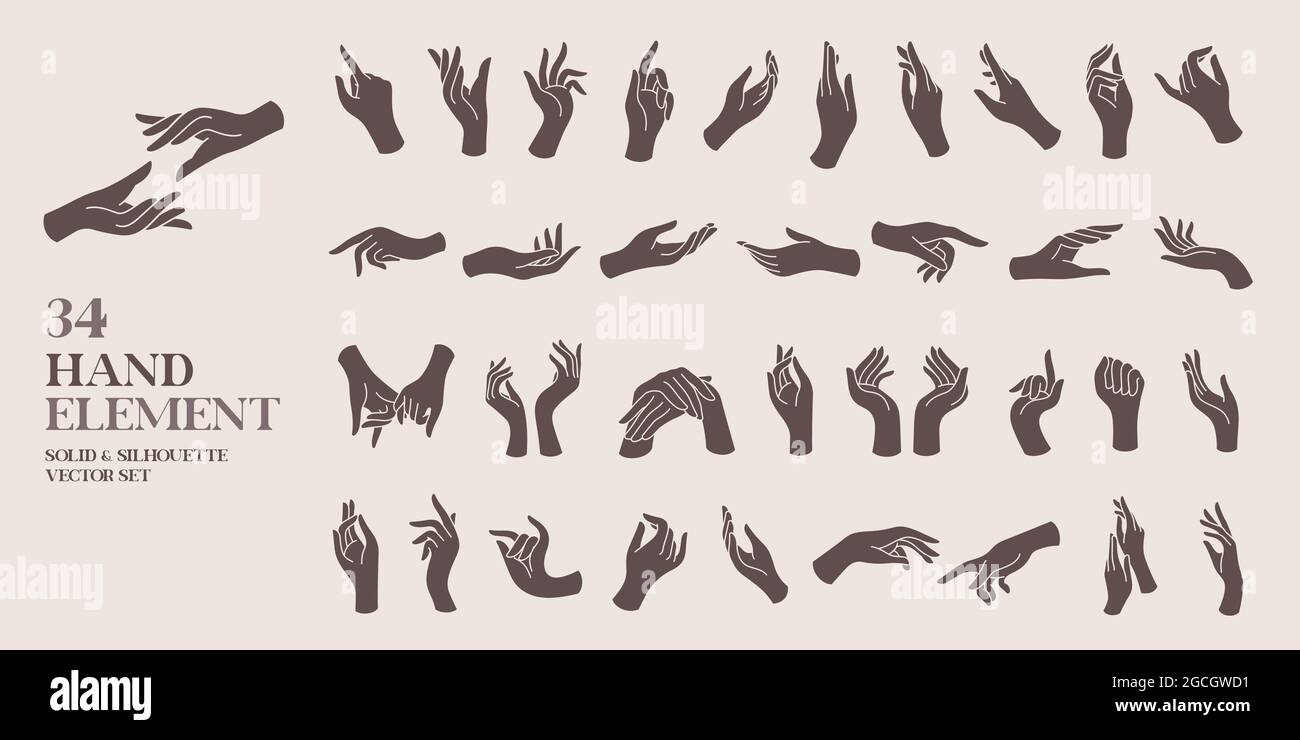 set di illustrazioni vettoriali per elementi a mano umani solidi e silhouette. Per decorativo, logo, carta, invito vintage e stile boho. Illustrazione Vettoriale