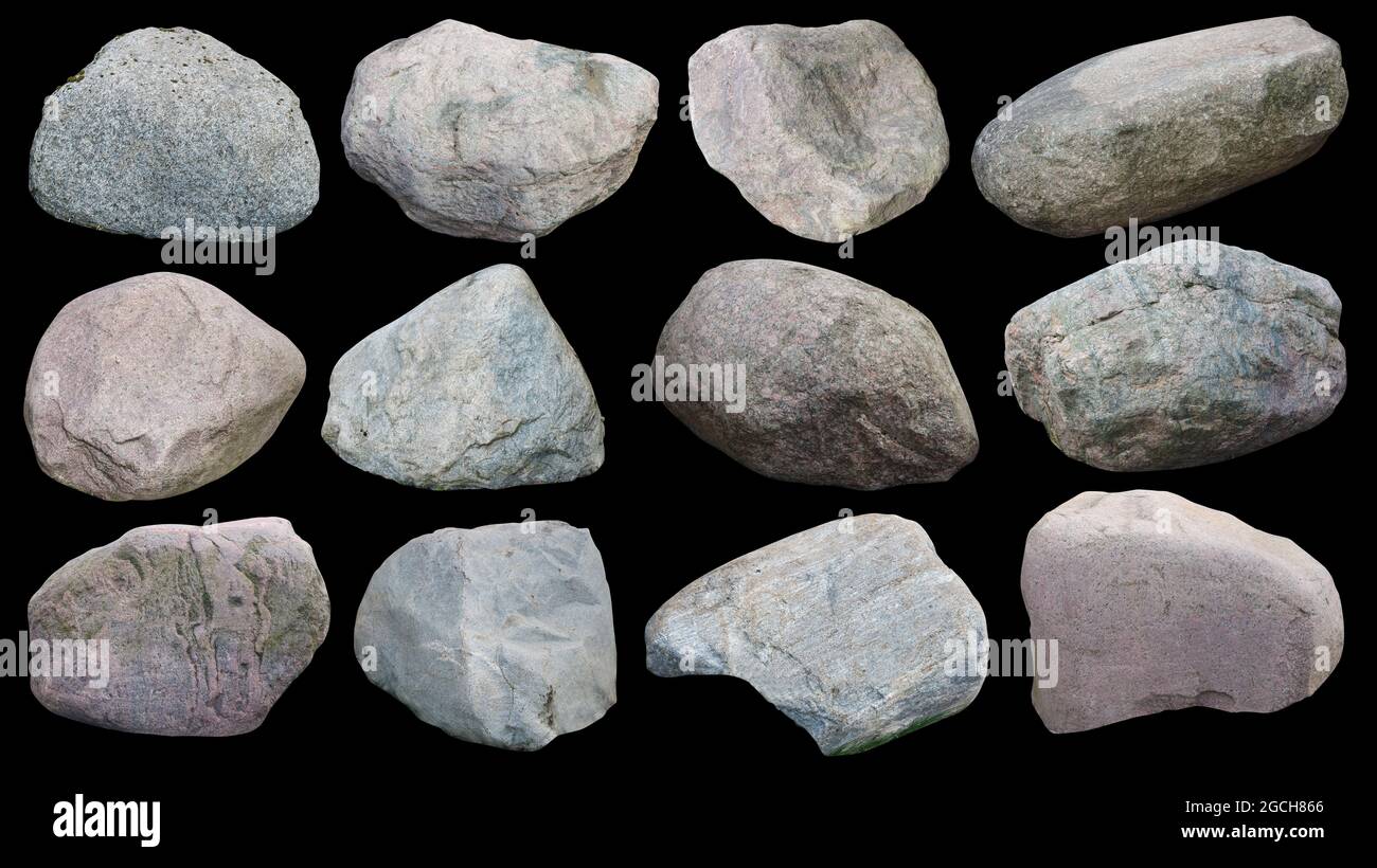 Dodici massi di granito di varie forme e misure impostate. Isolato su nero Foto Stock