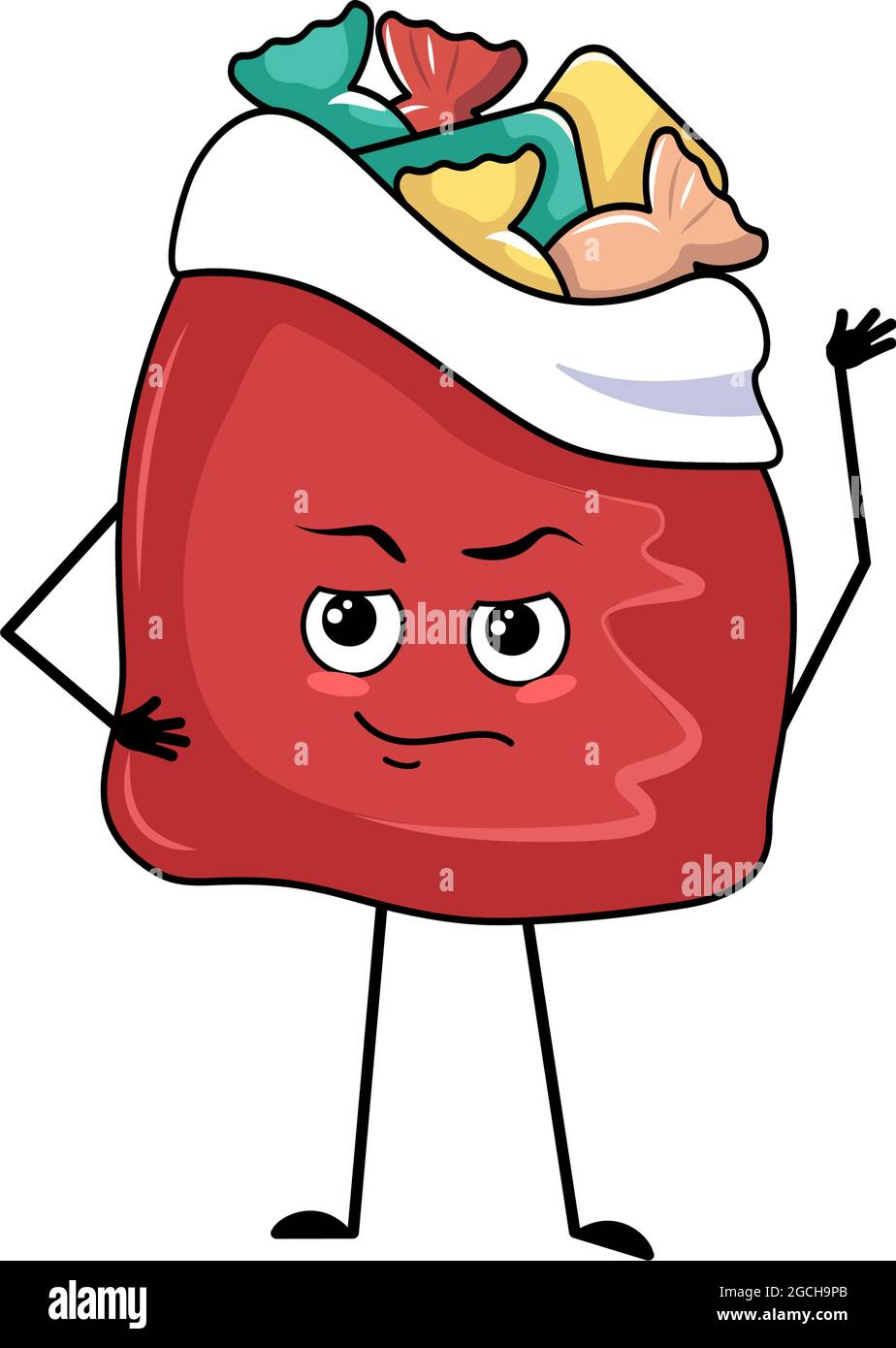 Carino personaggio rosso borsa con regali di Capodanno con le emozioni di un eroe, un volto coraggioso, braccia e gambe. Buon articolo di Natale, gioioso cibo dolce, scatola con espressione di coraggio Illustrazione Vettoriale