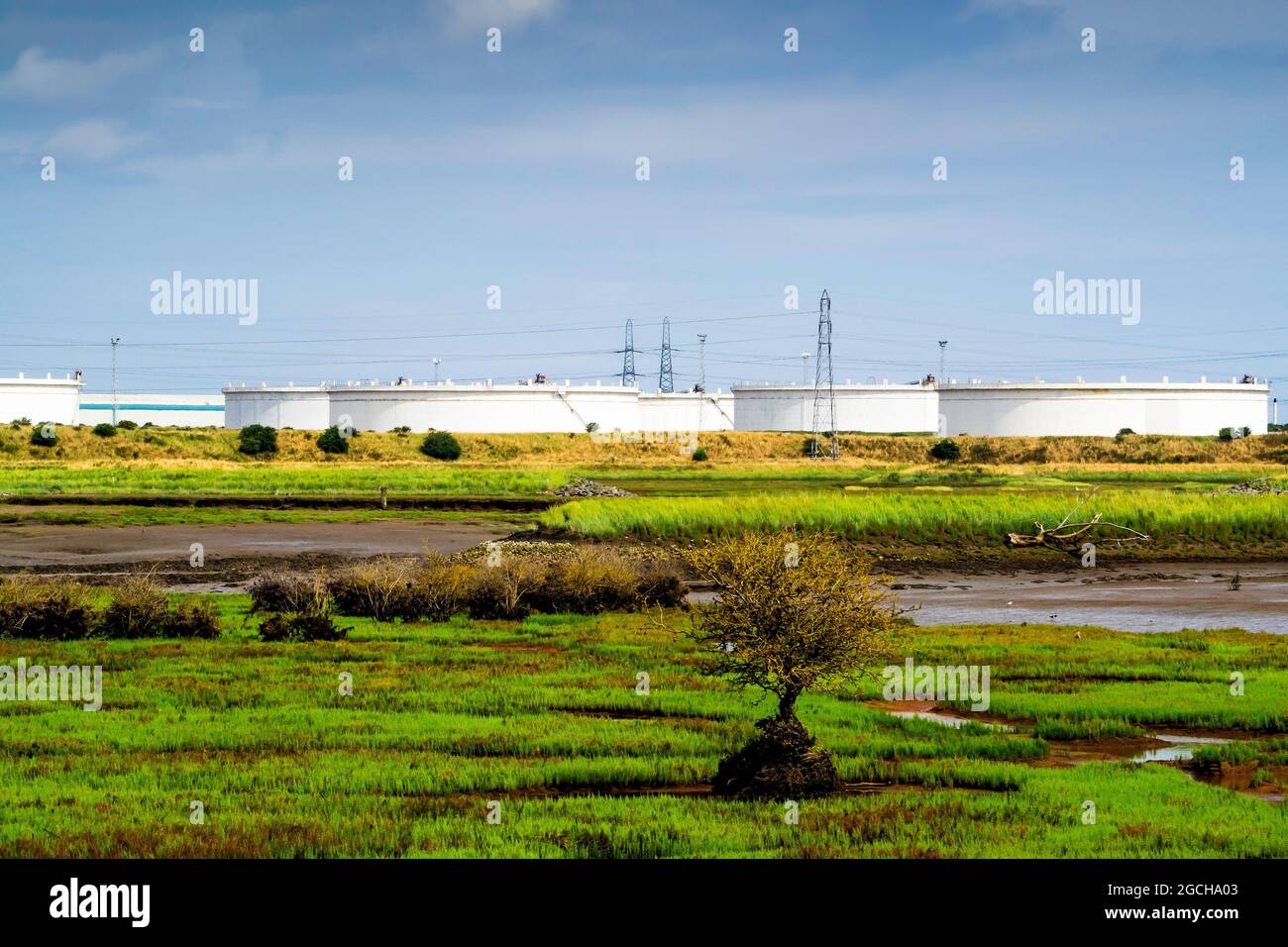 Serbatoi galleggianti di grande diametro per il petrolio greggio a Greatham sulla riva nord del fiume Tees Foto Stock