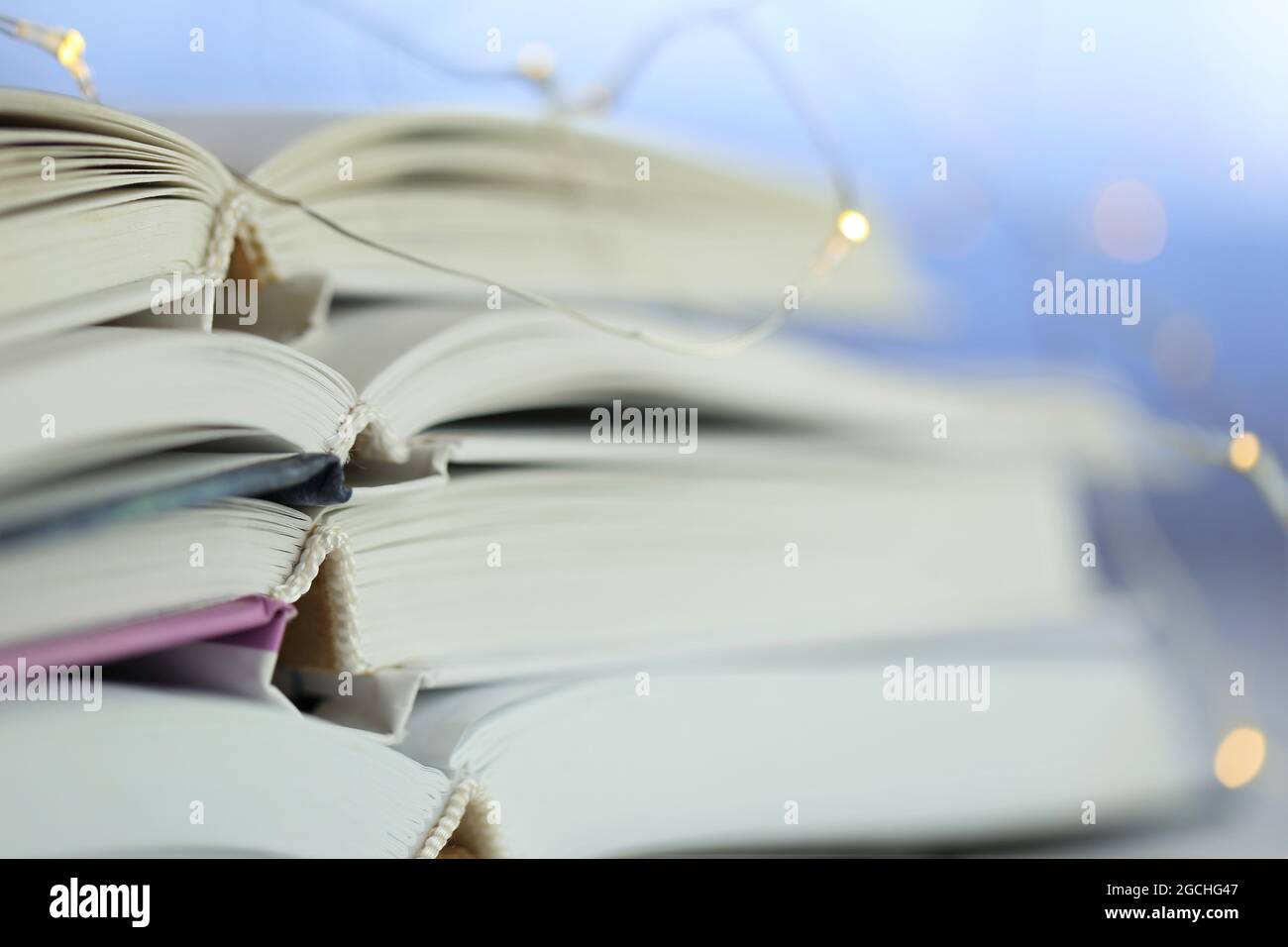 Lettura di libri. Libri con le copertine bianche primo piano e ghirlanda su sfondo blu sfocato.Letteratura e hobby . Libri invernali. Inverno lettura accogliente Foto Stock