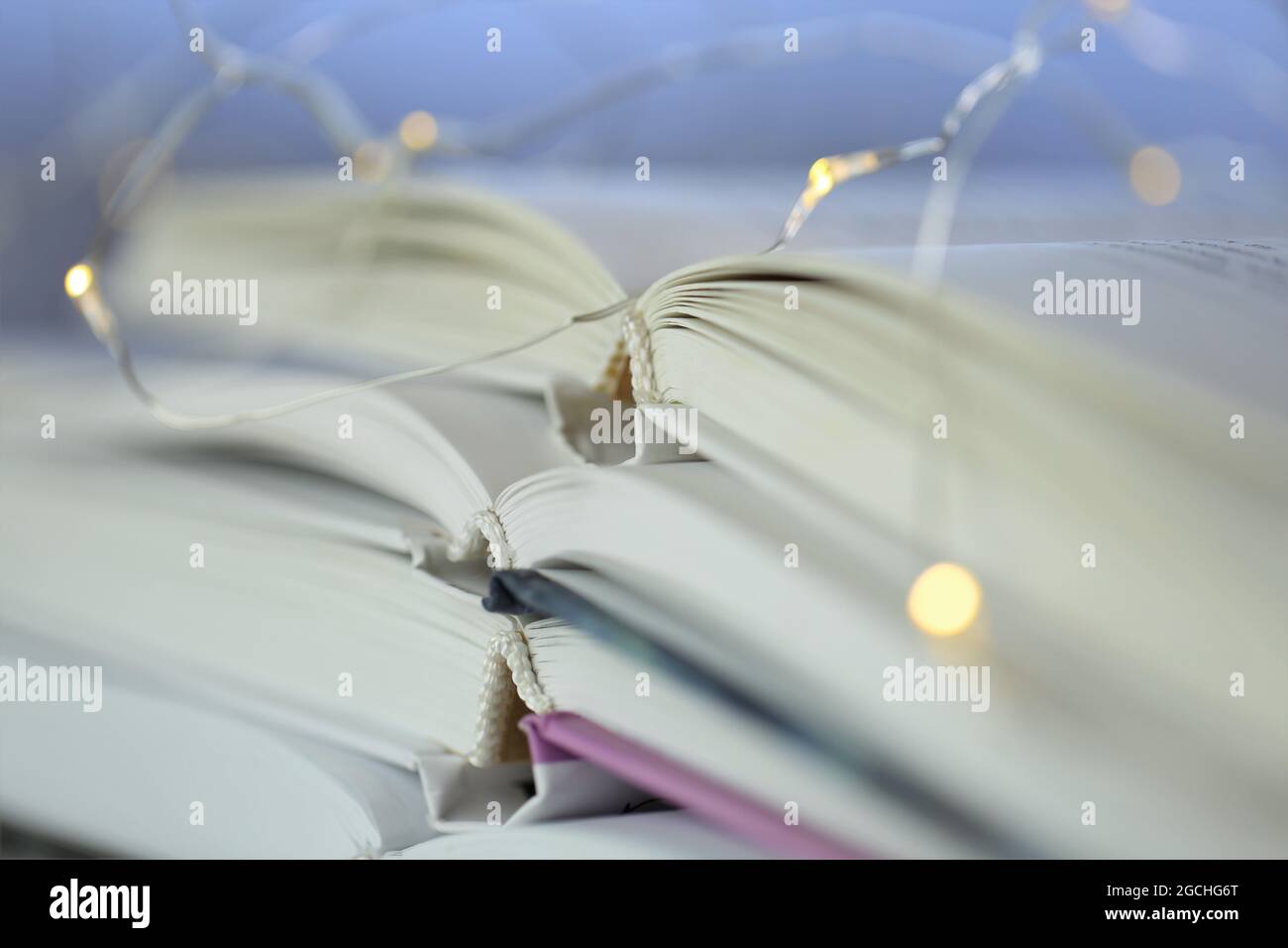 Lettura di libri. Libri con copertine bianche impilano primo piano e ghirlanda su sfondo blu.Letteratura e concetto di hobby. Libri invernali. Inverno accogliente Foto Stock