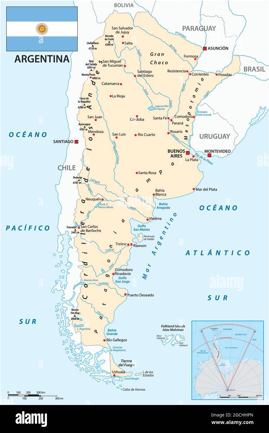 mappa vettoriale della repubblica sudamericana dell'argentina con bandiera Illustrazione Vettoriale
