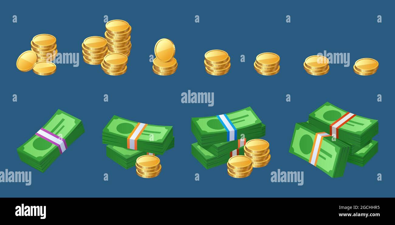 Icone di denaro contante con pile di monete e bollette Illustrazione Vettoriale
