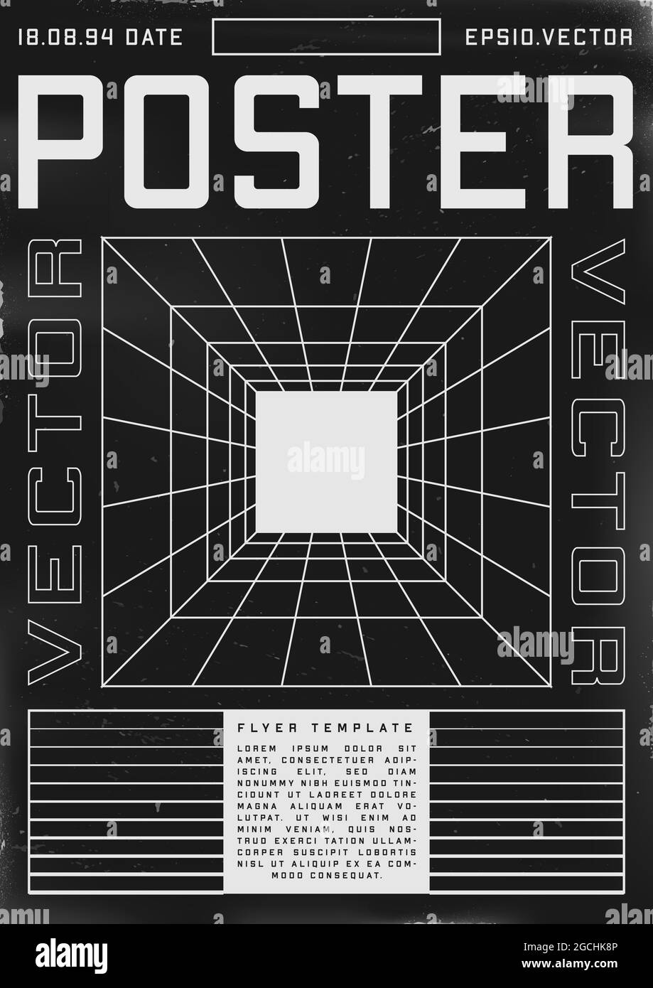 Poster dal design retrovuturistico con tunnel a griglia in prospettiva. Poster in stile cyberpunk anni '80 con tunnel e luce alla fine. Volantino graffiato shabby Illustrazione Vettoriale