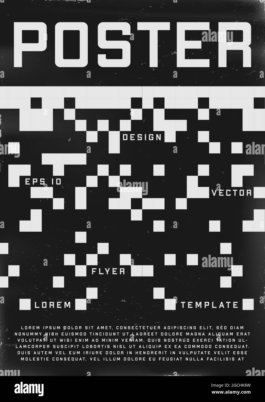 Poster dal design retrovuturistico. Poster in stile cyberpunk 80s con motivo a 8 bit pixel. Modello shabby graffiato flyer per il tuo design. Vettore Illustrazione Vettoriale