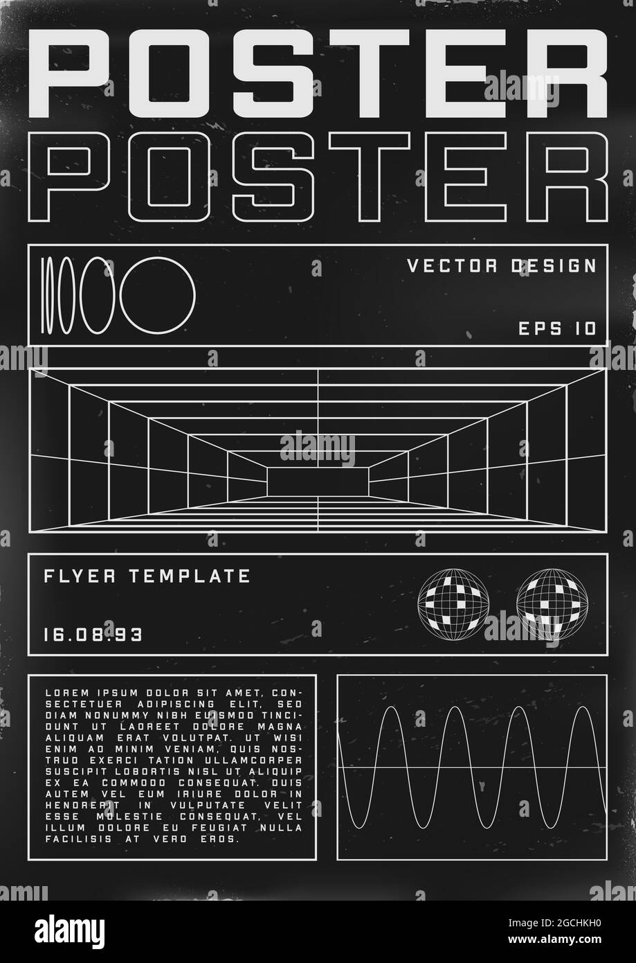 Poster dal design retrovuturistico con tunnel a griglia in prospettiva. Poster in stile cyberpunk degli anni '80 con forme retrofuturistiche. Modello shabby graffiato flyer Illustrazione Vettoriale