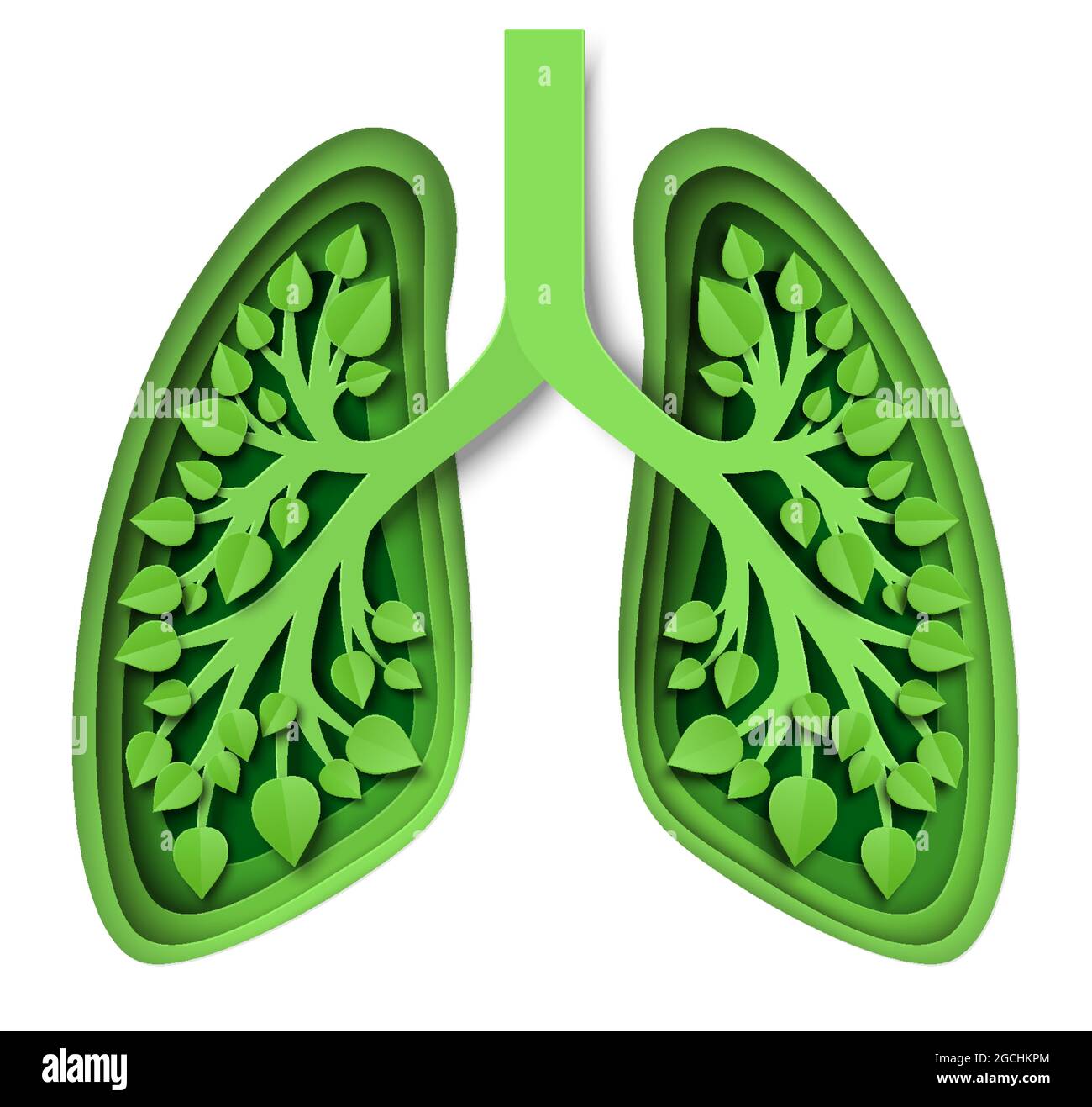 Natura polmoni con foglie, illustrazione vettoriale in carta art stile. Polmoni verdi del pianeta Terra. Salvare ambiente, ecologia Illustrazione Vettoriale
