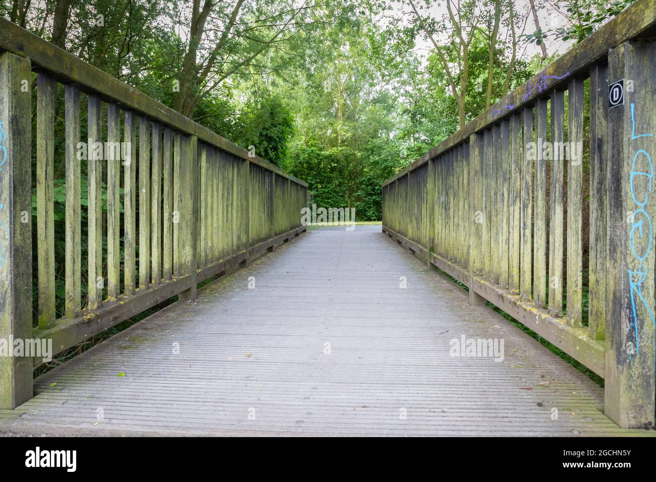 Ponte di legno sulla Emscher-Wanderweg vicino Holzwickede Foto Stock