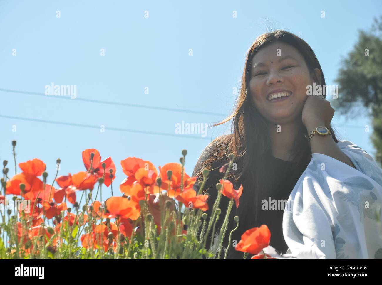 Vista ad angolo basso di una giovane donna del sud asiatico seduto dietro fiori di papavero rosso all'aperto con sorridente e guardando la macchina fotografica Foto Stock
