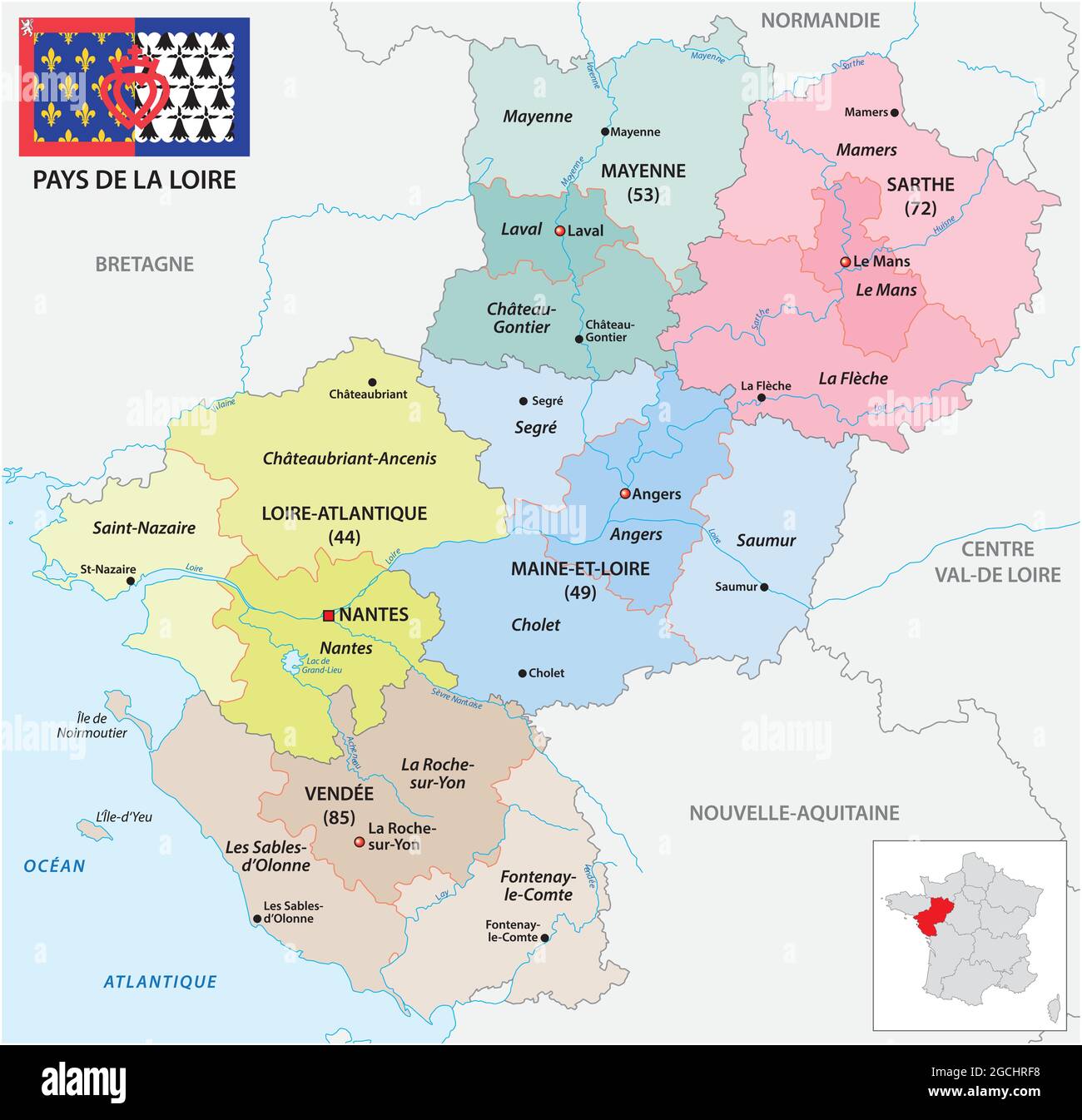 Mappa amministrativa vettoriale della regione francese della Loira con bandiera Illustrazione Vettoriale