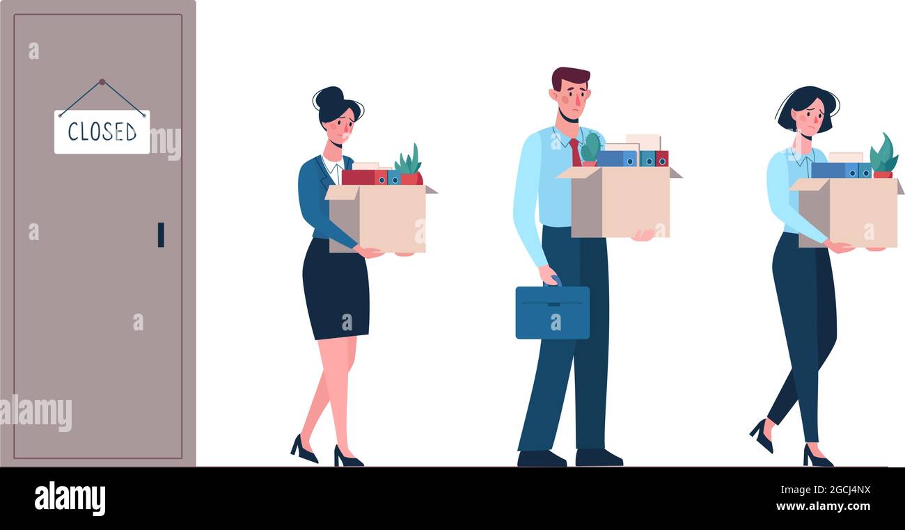 I dipendenti licenziati lasciano l'impresa chiusa. Immagine vettoriale della perdita del lavoro. Gli uomini e le donne con le scatole nelle loro mani sono diventati vittime della disoccupazione, licenziati. Isolato su fondo bianco, piatto Illustrazione Vettoriale