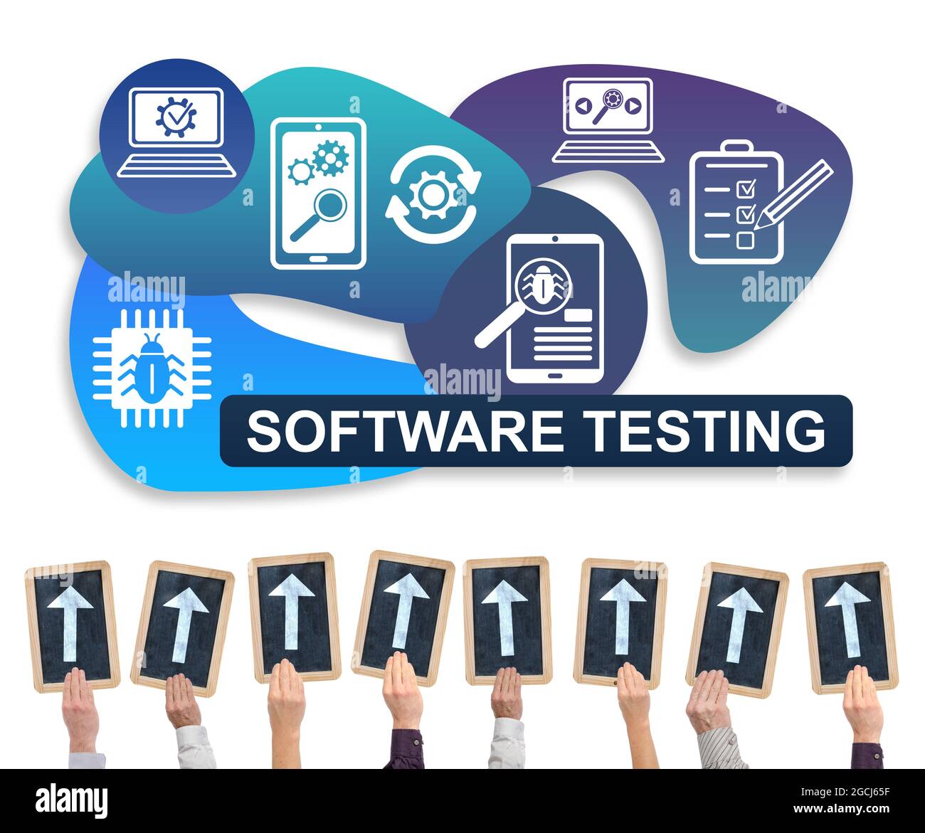 Mani che tengono slate di scrittura con frecce che puntano sul concetto di test del software Foto Stock