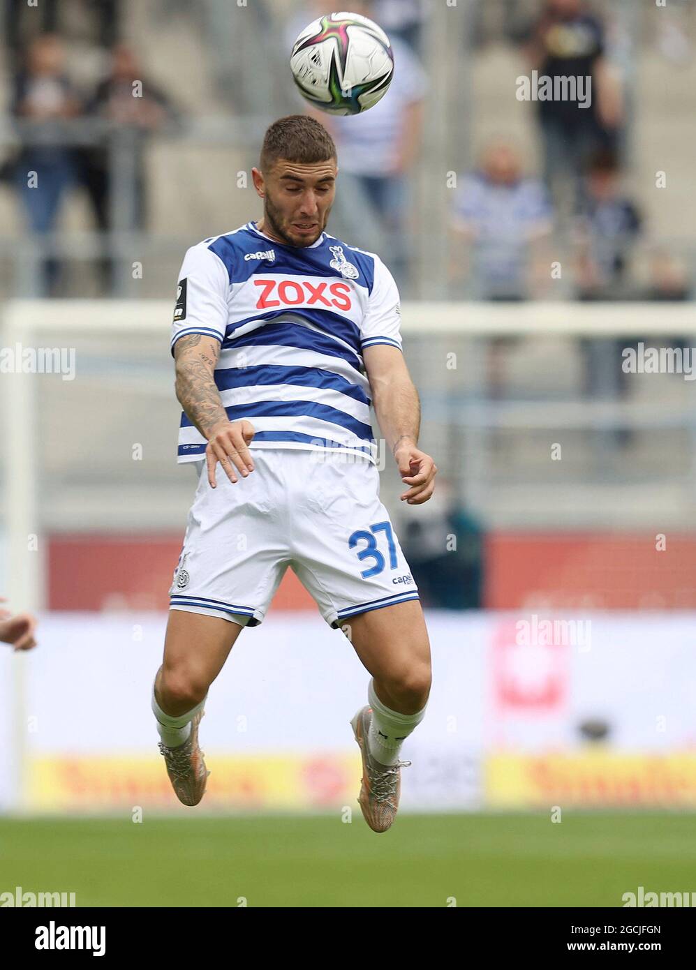 Duisburg, Germania. 8 agosto 2021. Primo: 08.08.2021, Fuvuball, 3. Bundesliga, stagione 2021/2022, MSV Duisburg - TSV Havelse Marlon Frey, Individual Action Credit: dpa/Alamy Live News Foto Stock