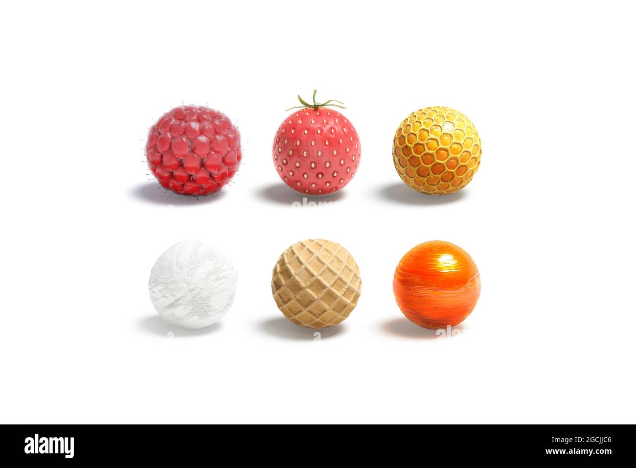 Blank Candy ball mockup set, isolato, rendering 3d. Bacca vuota, miele, caramello, waffle e gelato superficie rotonda mock-up. Colore dolce circolare chiaro Foto Stock