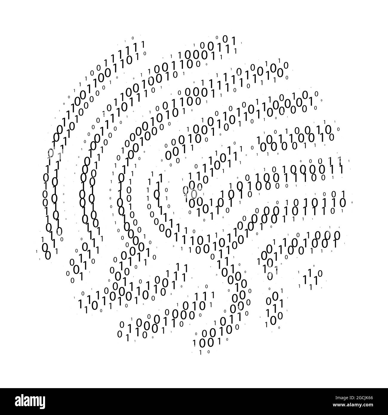 Codice binario per forma impronta digitale. Set di zero e una cifra. Tecnologia di sicurezza informatica. Informazioni di verifica digitale. Cifre nere sul dorso bianco Illustrazione Vettoriale