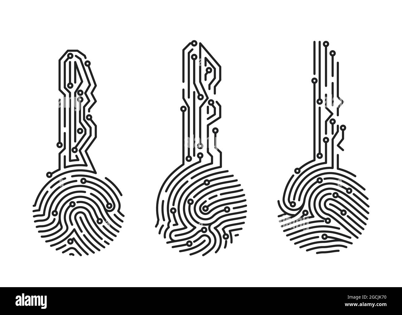 Set di chiavi per impronte digitali. Verifica utente del sistema di sicurezza. ID biometrico per l'accesso al software. Illustrazione vettoriale Illustrazione Vettoriale