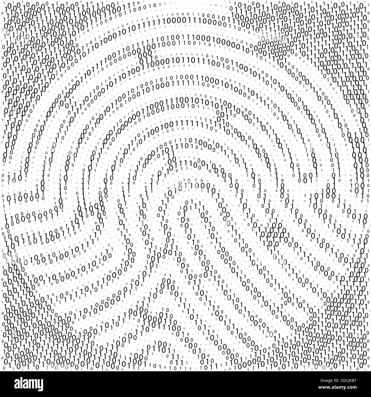 Codice binario per forma impronta digitale. Tecnologia di sicurezza informatica. Informazioni di verifica digitale. Set di zero e una cifra. Cifre nere sul dorso bianco Illustrazione Vettoriale