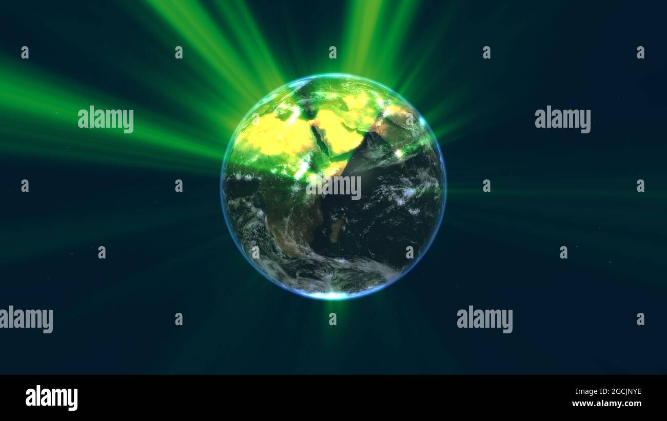 globo terrestre con dettagli luminosi e raggi di luce. rappresentazione di illustrazioni 3d Foto Stock