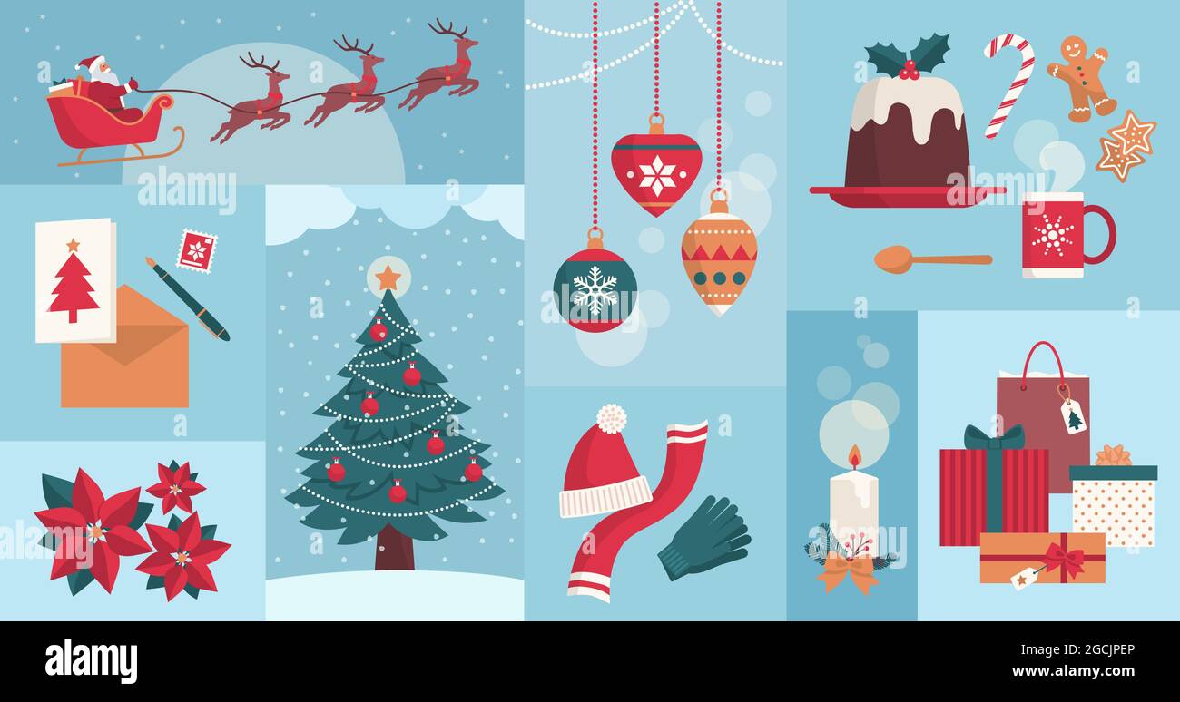 Set di icone per la stagione invernale e le feste natalizie, tema per le vacanze invernali e lo stile di vita Illustrazione Vettoriale