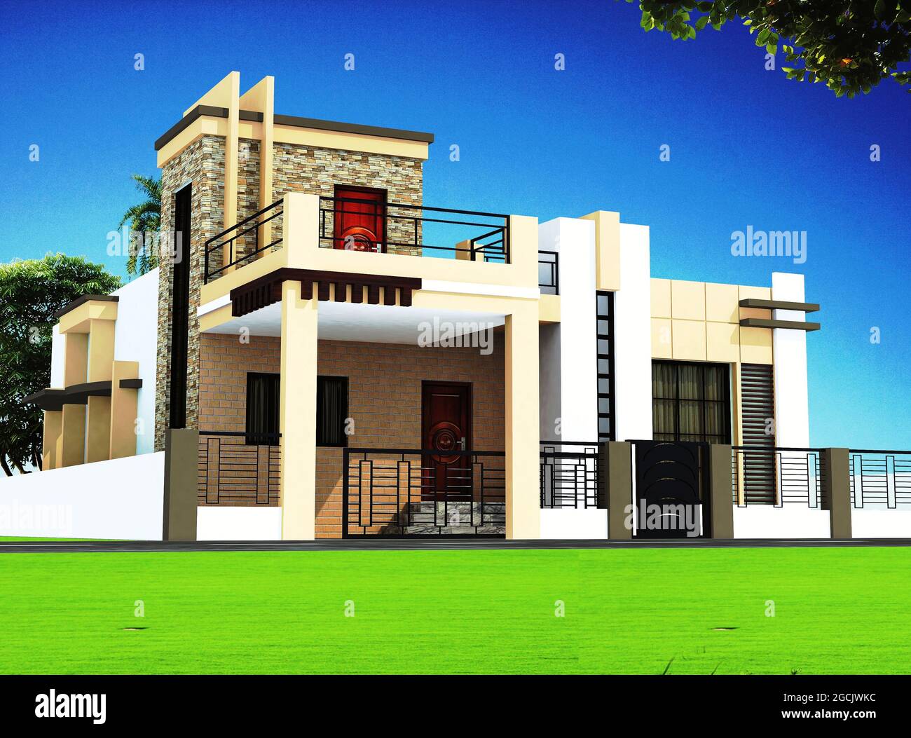 Rendering 3D di una casa duplex con un design esterno astratto Foto Stock