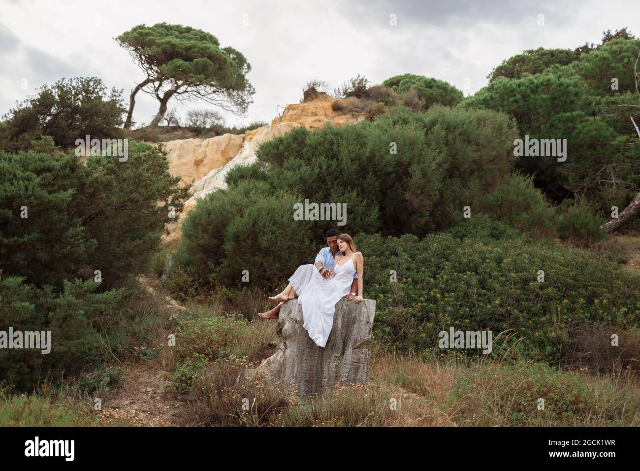 Coppia multirazziale di sposi che si siedono su un ceppo di alberi in boschi e abbracciano il giorno del matrimonio Foto Stock
