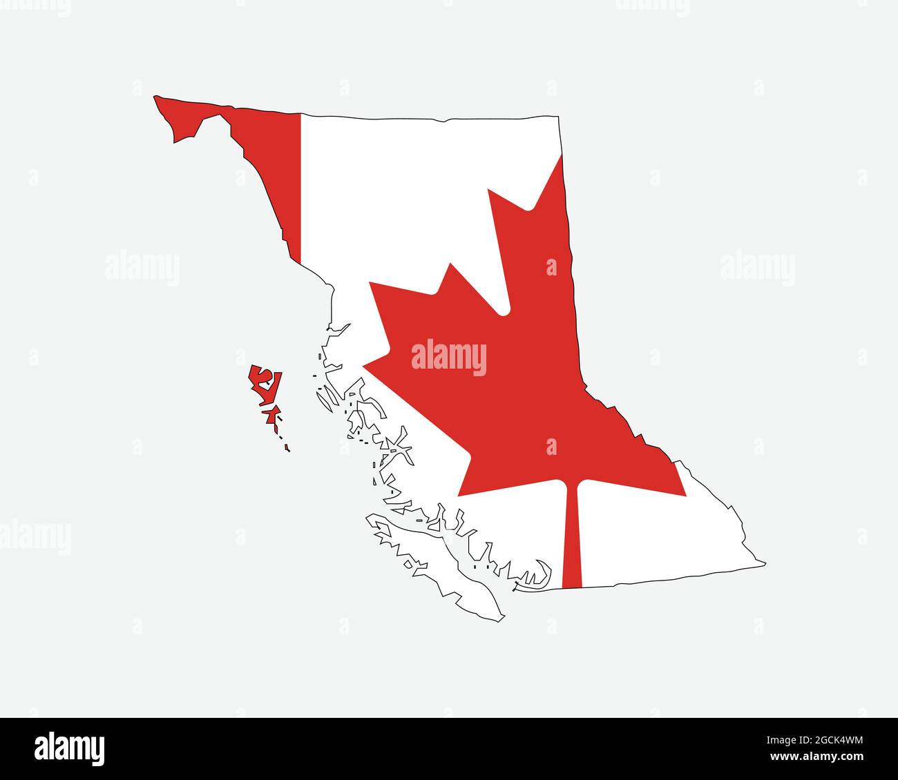 British Columbia Mappa sulla bandiera canadese. BC, CA Mappa della provincia sulla bandiera del Canada. Icona Clipart grafica vettoriale EPS Illustrazione Vettoriale