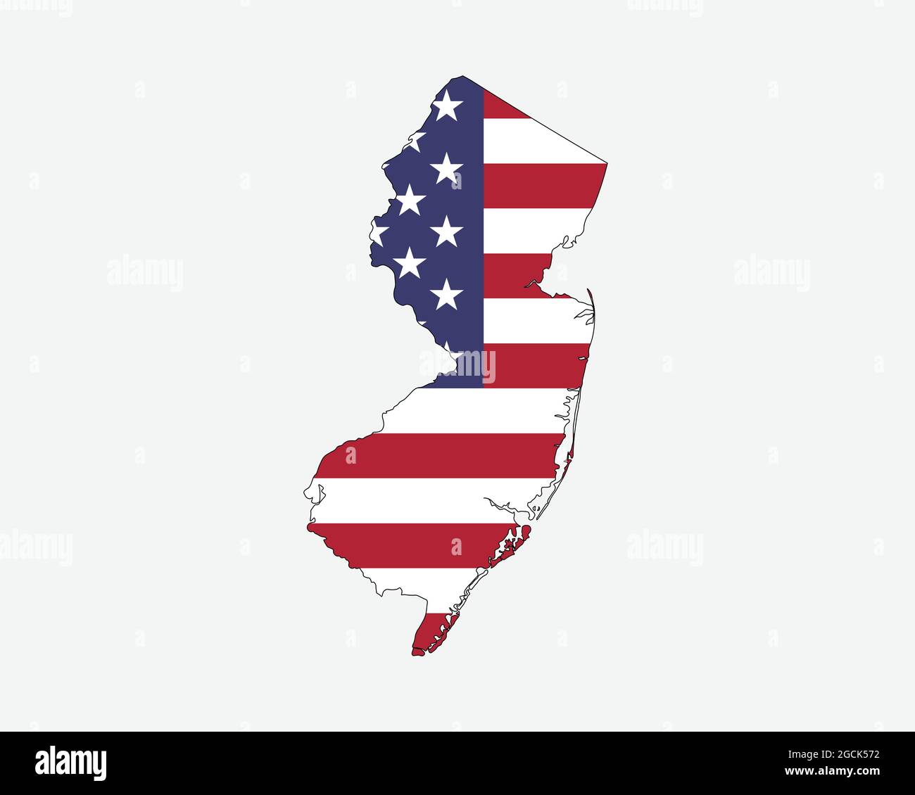 Mappa del New Jersey sulla bandiera americana. NJ, USA mappa di stato sulla bandiera degli Stati Uniti. Icona Clipart grafica vettoriale EPS Illustrazione Vettoriale